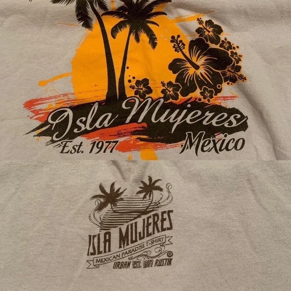 SOUVENIR MEXICO SHIRT LIGHT GRAY BEIGE PALM TREE VACATION SUMMER
